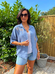 Denim Linen Studded Palm Shirt Ruby