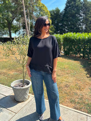 Black Asymmetric Lace Trim Top Maria