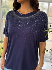 Navy Diamante Embellished Top Janice