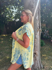 Lemon Blue Coral Print Blouse Stacey