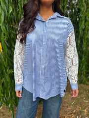 Denim Lace Sleeve Pinstripe Shirt Cove