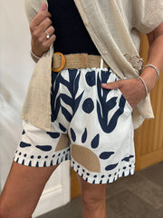 Navy Coastal Print Belted Shorts
