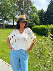 White Distressed Metallic Knit Bianca