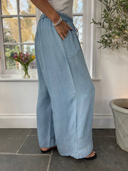 Light Denim Wide Leg Embroidered Trousers