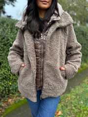 Mocha Premium Hooded Sherpa Coat Aviana
