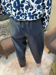 Navy Military Detail Pleather Trousers