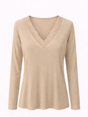 Stone Ribbed Long Sleeve Lace V Neck Erin