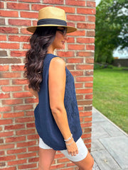Navy Embroidered Daisy Pattern Vest Stella