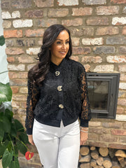 Black Crochet Lace Bomber Jacket Letitia