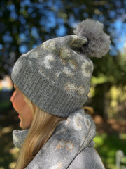 Grey Leopard Hat and Scarf Set
