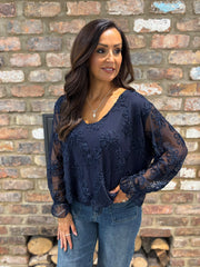 Navy Textured Floral Mesh Top Imogen