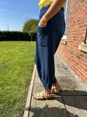 Navy Bubble Cotton Barrel Leg Trousers