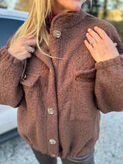 Chocolate Boucle High Neck Bomber Jacket Jude