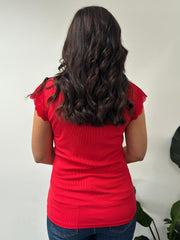 Red Ribbed Lace Detail Top Amelia