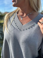 Grey Diamante V Neck Knit Tori