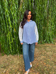 Denim Lace Sleeve Pinstripe Shirt Cove