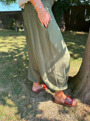Khaki Smocked Waist Hareem Trousers