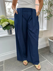 Navy Tailored Wide Leg Pleat Trousers