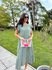 Khaki Frill Sleeve Bubble Cotton Dress Mae