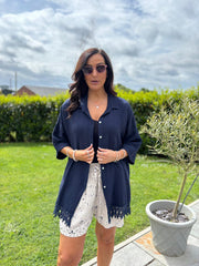 Navy Bubble Cotton Crochet Hem Blouse Jo