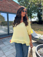 Lemon Frayed Detail V Neck Top River