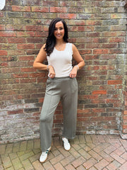 Khaki Seam Front Pull On Comfort Trousers