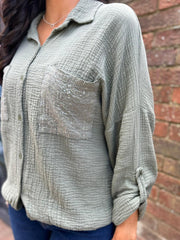 Khaki Sequin Pocket Bubble Cotton Shirt Helen