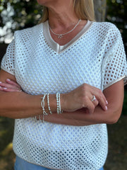 White Gold Trim Open Knit Top Karen