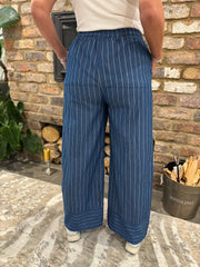 Dark Denim Striped Wide Leg Pull on Trousers