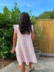 Light Blue Bubble Cotton Striped Dress Crystal