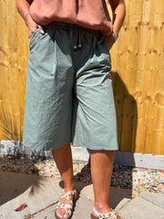 Khaki Wide Leg Bead Tie Culottes