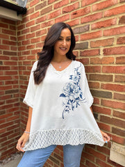 White Floral Stud Crepe Top Polly