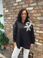 Black Embellished Floral Applique Blouse Misty