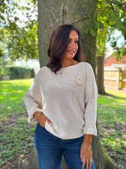 Stone Applique Ruffle Sleeve Knit Crystal