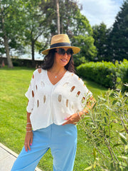 White Distressed Metallic Knit Bianca