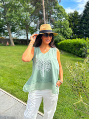 Khaki Embellished Tree Of life Vest Top Olivia