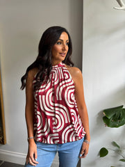 Red Geometric Halter Neck Top Jessie