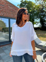 White Frayed Detail V Neck Top River