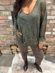 Khaki Textured Floral Mesh Top Imogen