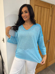 Blue Marl Crochet Detail Top Cora