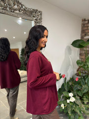 Wine V Neck Brooch Top Harper