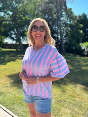 Denim & Pink Puff Sleeve Striped Top Erin
