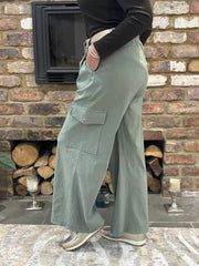 Sage Wide Leg Pull On Cargo Trousers