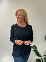 Black Ribbed Lace Trim Top Madeline