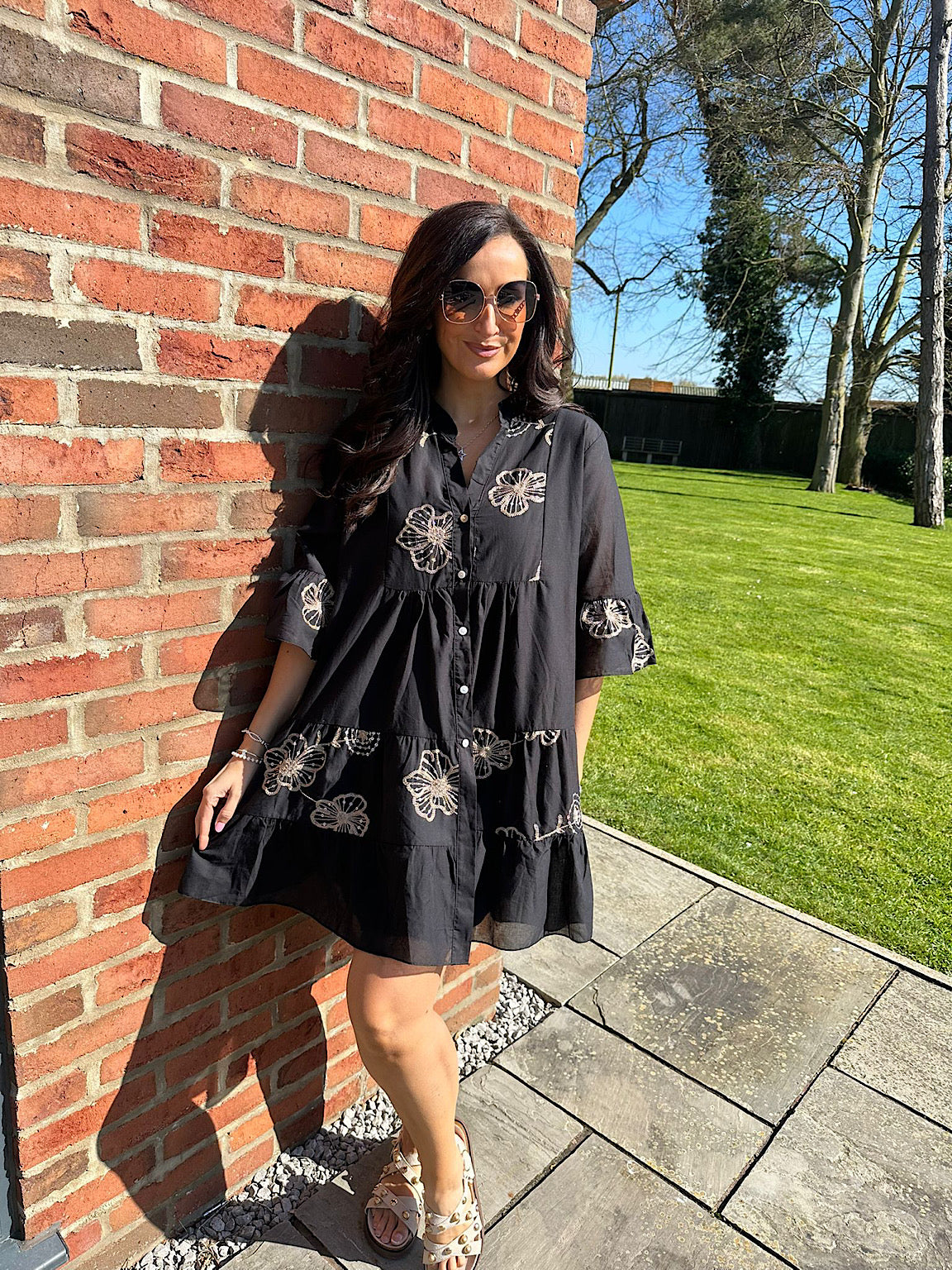 Black Floral Embroidered Shirt Dress Esme