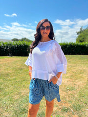 White Distressed Trim Net Top Shirley