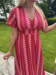 Red Crochet Patterned Stripe Dress Anabelle