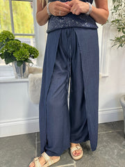 Navy Tie Detail Wrap Trousers