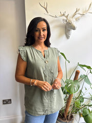 Khaki Floral Frill Sleeve Top Chrissy