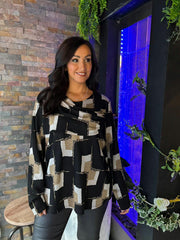 Black Shimmer Block Print Top Eve